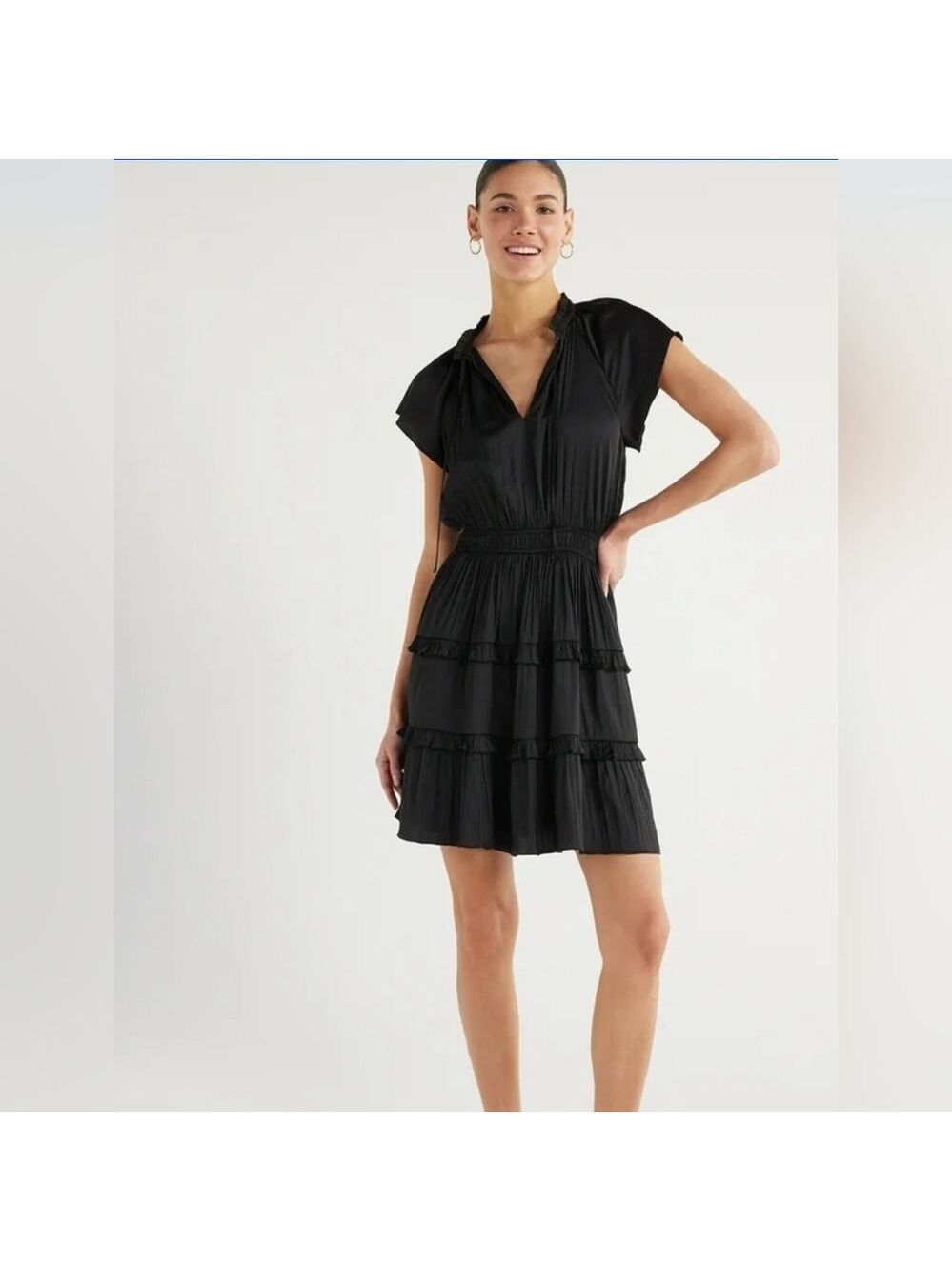 Scoop Women's Satin Mini Ruffle Dress with Cap Sleeves Pockets - Picture 2 of 8
